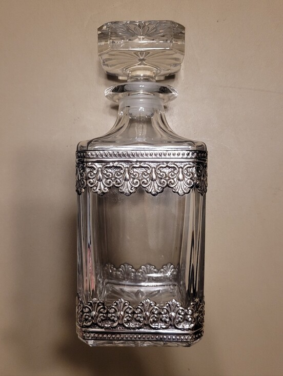 Other - Vintage Glass Decanter with Ornate Silver Metal Overlay.